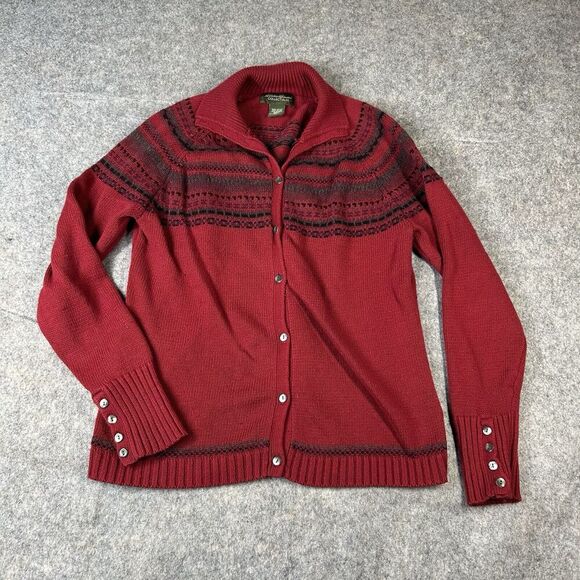 Eddie Bauer Sweater Womens Medium Fair Isle Red Button Up Cardigan Angora Rabbit - Picture 1 of 8